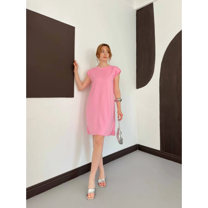 Omuz Vatkalı Sandy Basic Elbise Pembe