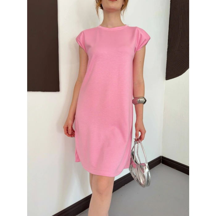 Omuz Vatkalı Sandy Basic Elbise Pembe