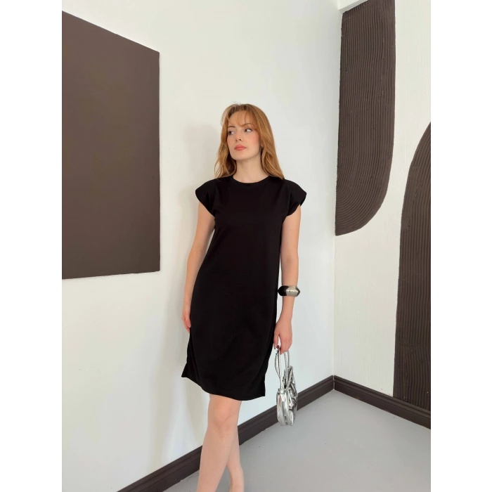 Omuz Vatkalı Sandy Basic Elbise Siyah