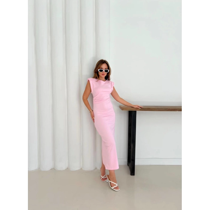 Omuz Vatkalı Taş Detaylı Elbise Pembe