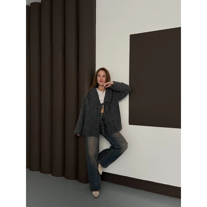 Ön Bağlama Detaylı Kaşe Ceket Antrasit