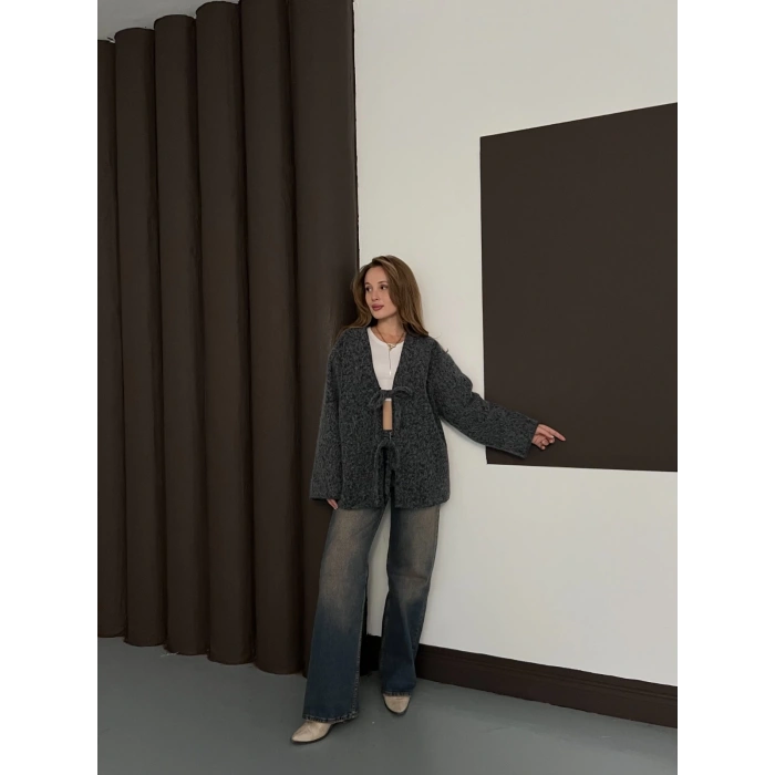 Ön Bağlama Detaylı Kaşe Ceket Antrasit