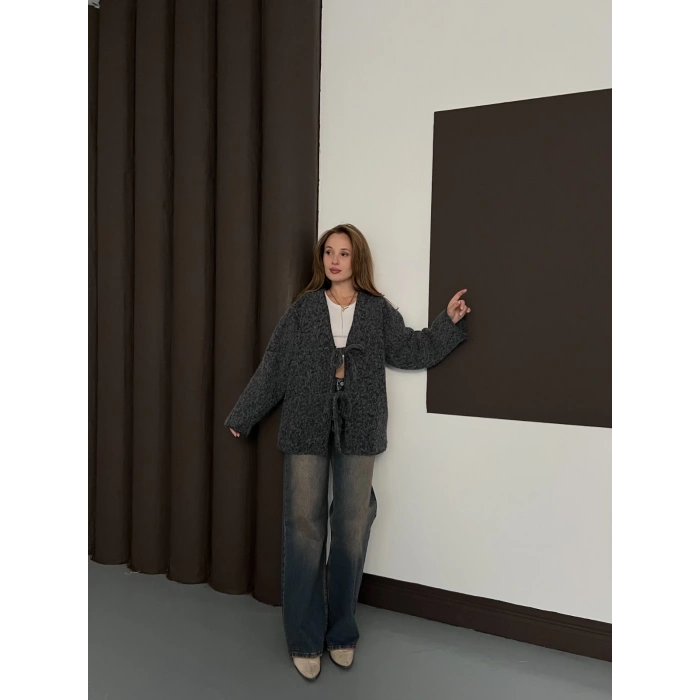 Ön Bağlama Detaylı Kaşe Ceket Antrasit