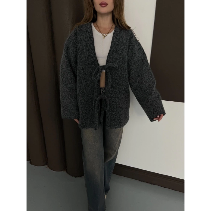 Ön Bağlama Detaylı Kaşe Ceket Antrasit