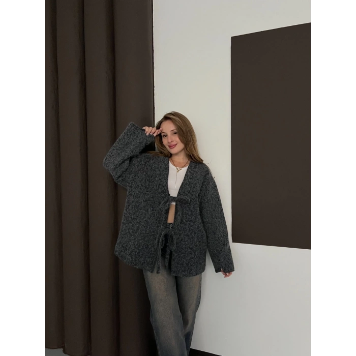 Ön Bağlama Detaylı Kaşe Ceket Antrasit