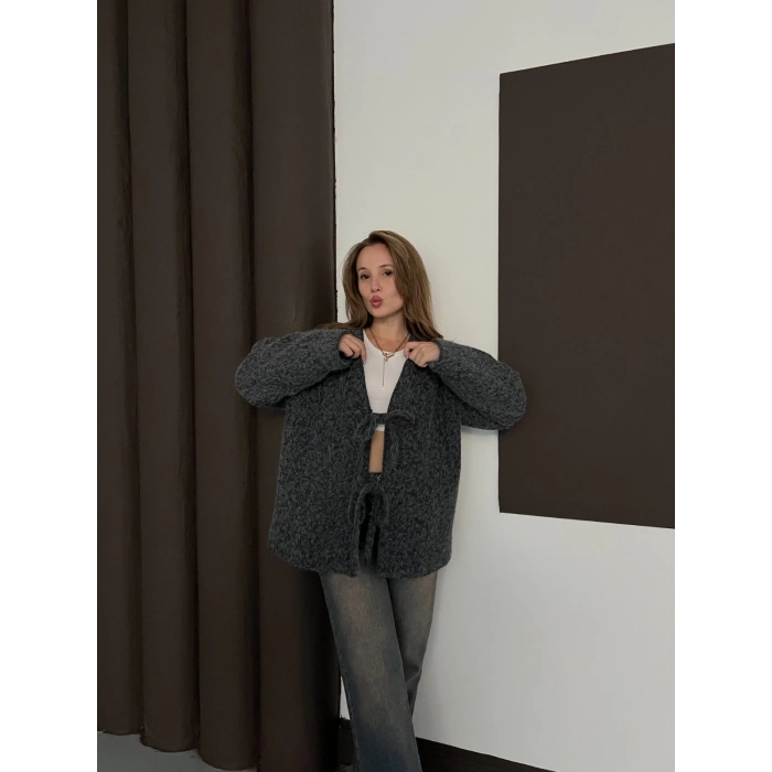 Ön Bağlama Detaylı Kaşe Ceket Antrasit