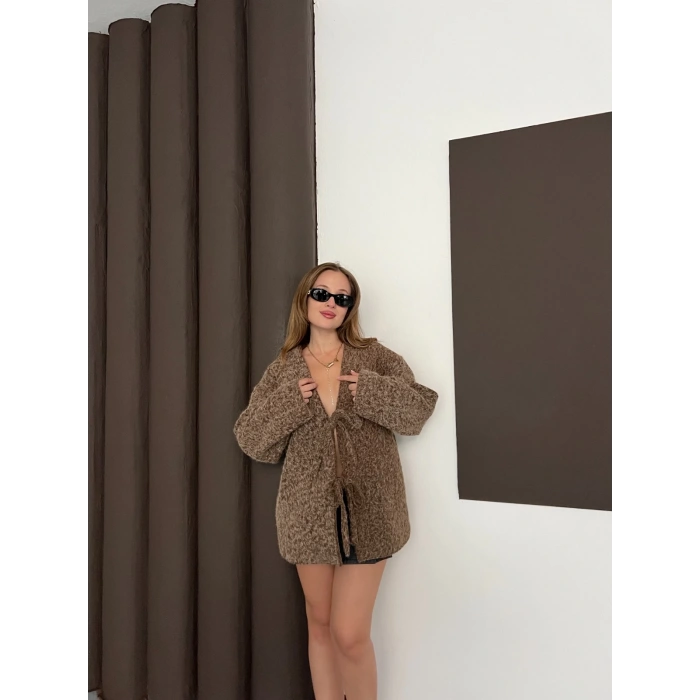 Ön Bağlama Detaylı Kaşe Ceket Kahverengi