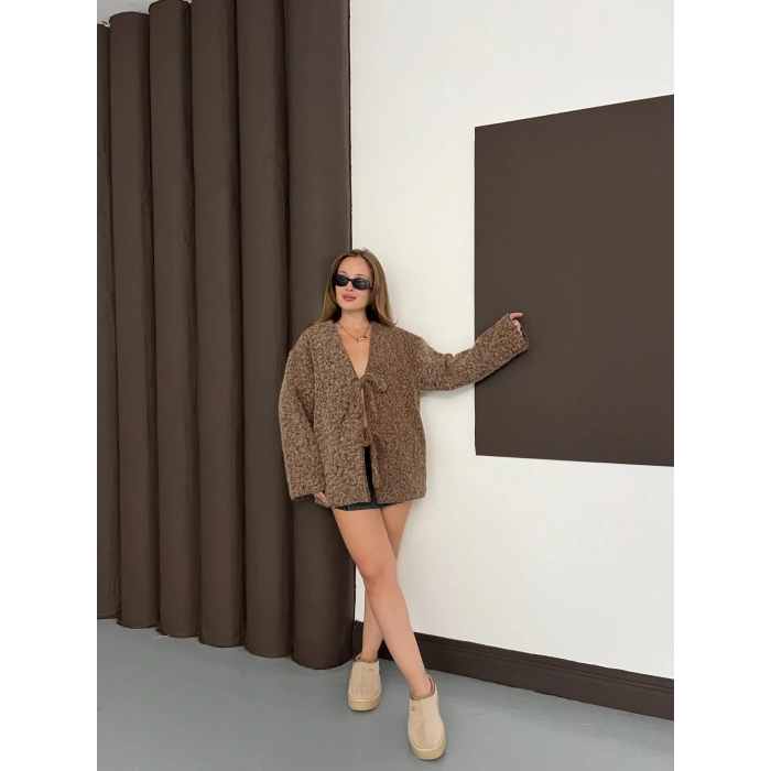 Ön Bağlama Detaylı Kaşe Ceket Kahverengi