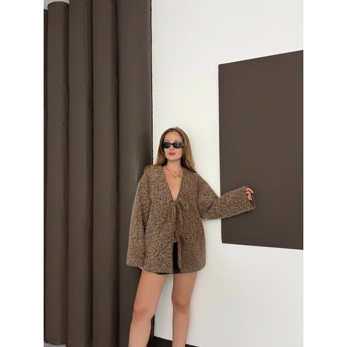 Ön Bağlama Detaylı Kaşe Ceket Kahverengi