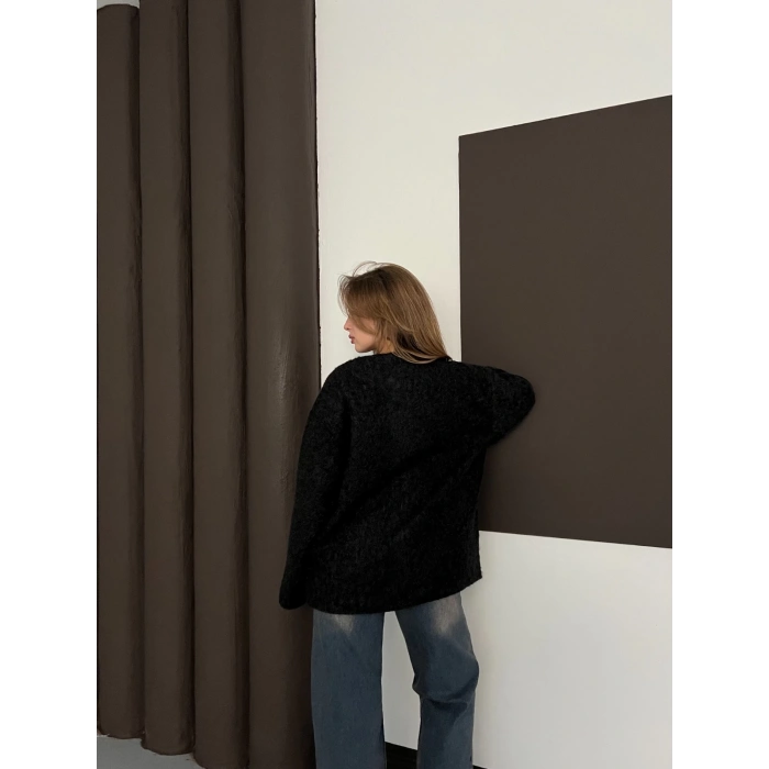 Ön Bağlama Detaylı Kaşe Ceket Siyah