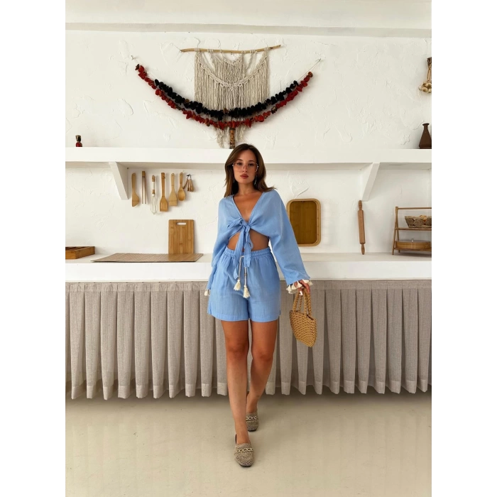 Ön Bağlamalı Püskül Detaylı Şortlu Takım Mavi
