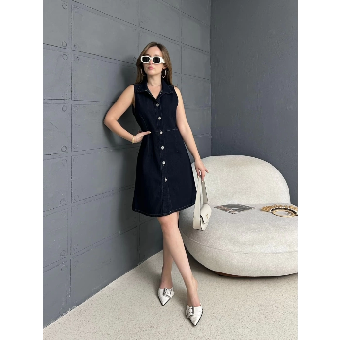 Ön Düğme Detaylı Denim Elbise Siyah