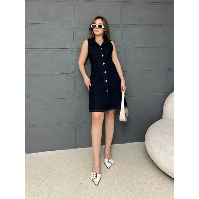 Ön Düğme Detaylı Denim Elbise Siyah
