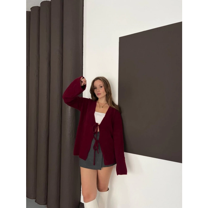 Önden Bağlama Detaylı Triko Hırka Bordo