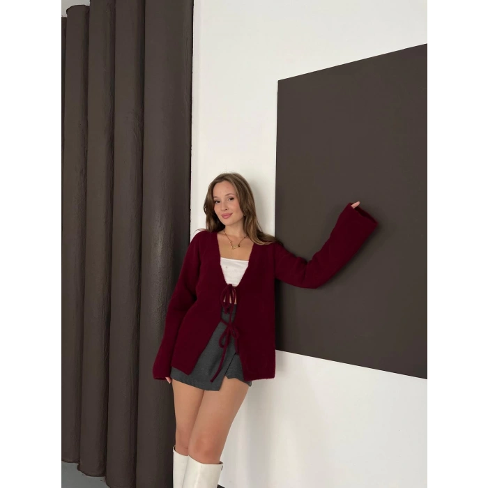 Önden Bağlama Detaylı Triko Hırka Bordo