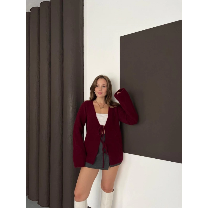 Önden Bağlama Detaylı Triko Hırka Bordo