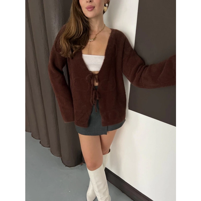 Önden Bağlama Detaylı Triko Hırka Kahve