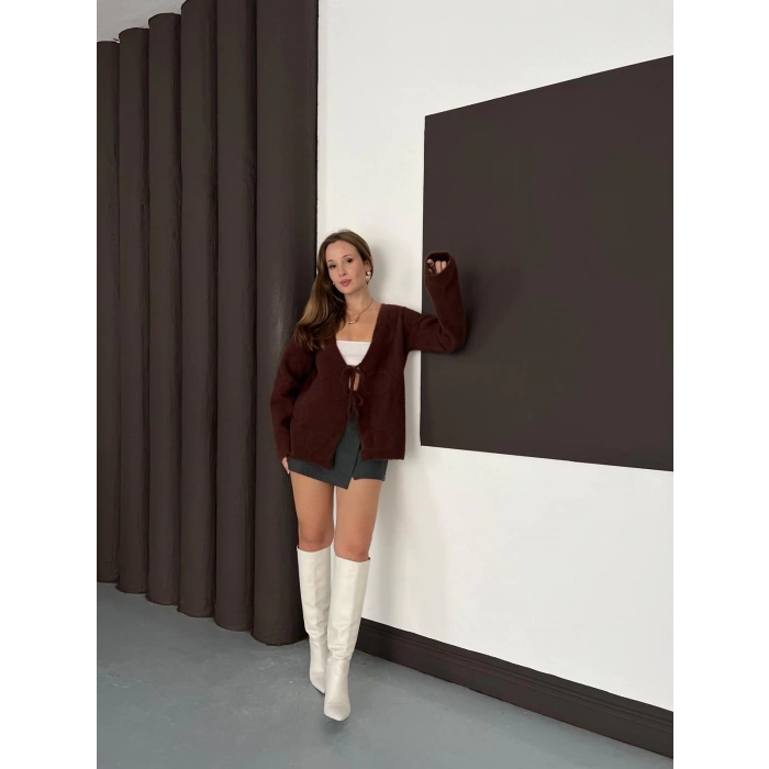 Önden Bağlama Detaylı Triko Hırka Kahve