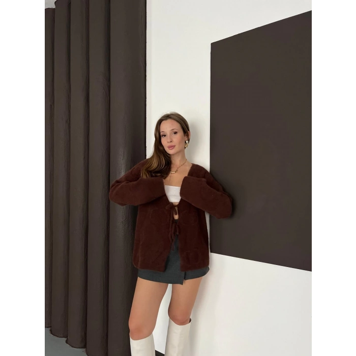 Önden Bağlama Detaylı Triko Hırka Kahve