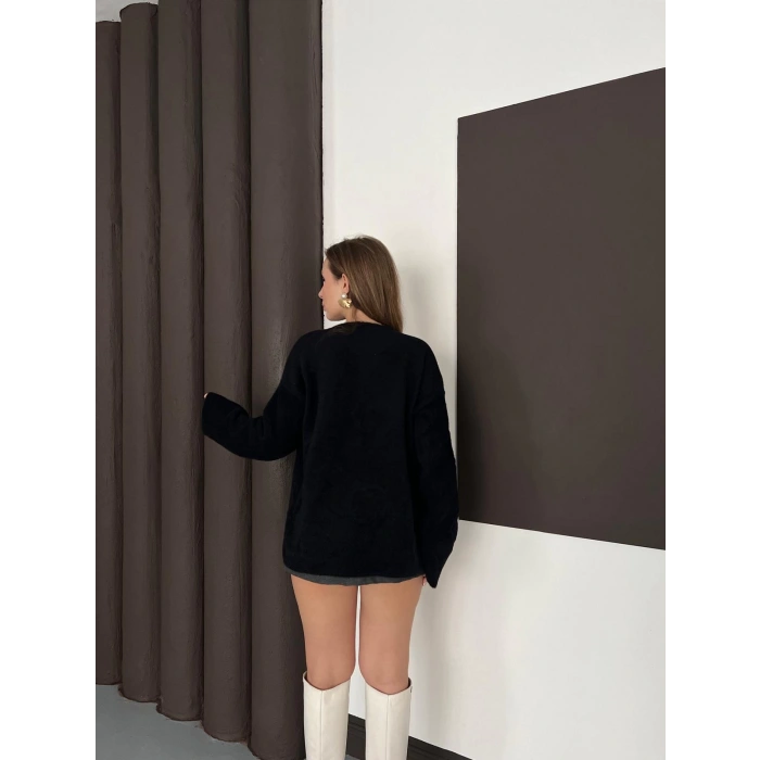 Önden Bağlama Detaylı Triko Hırka Siyah