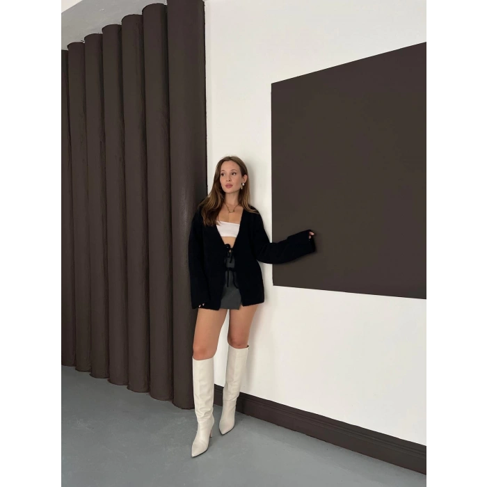 Önden Bağlama Detaylı Triko Hırka Siyah