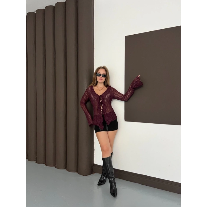 Önden Bağlama Transparan Bluz Bordo