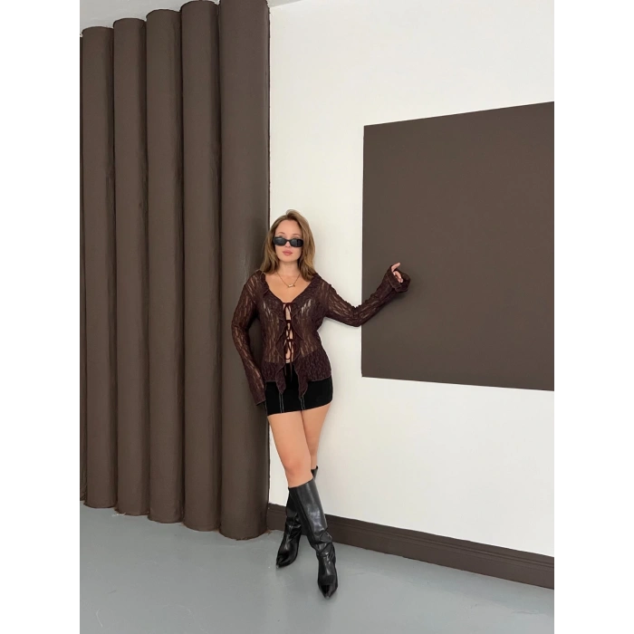 Önden Bağlama Transparan Bluz Kahve