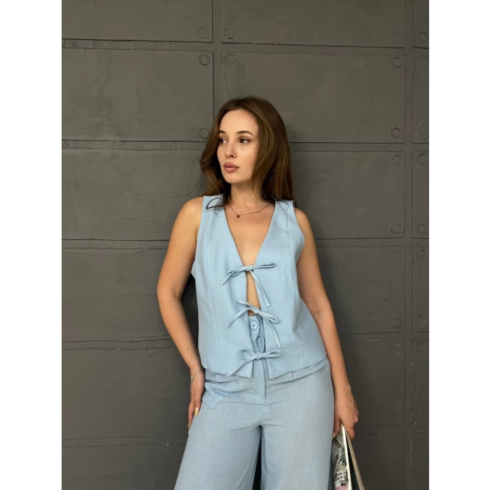 Önden Bağlamalı Keten Yelekli Takım Bebe Mavisi