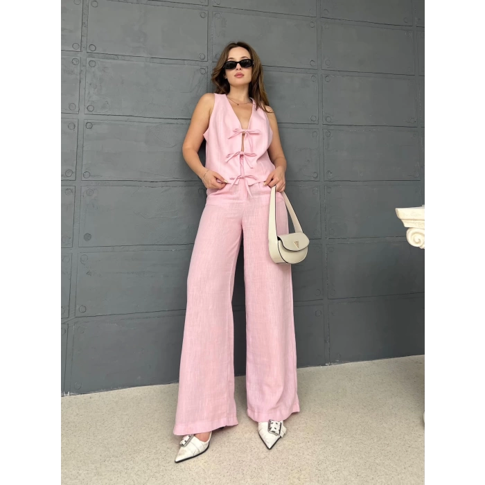 Önden Bağlamalı Keten Yelekli Takım Pembe