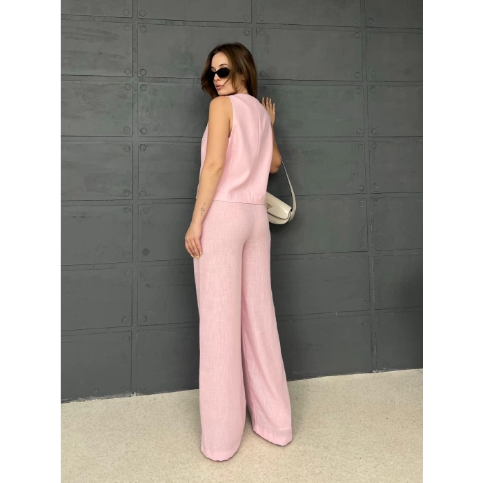 Önden Bağlamalı Keten Yelekli Takım Pembe