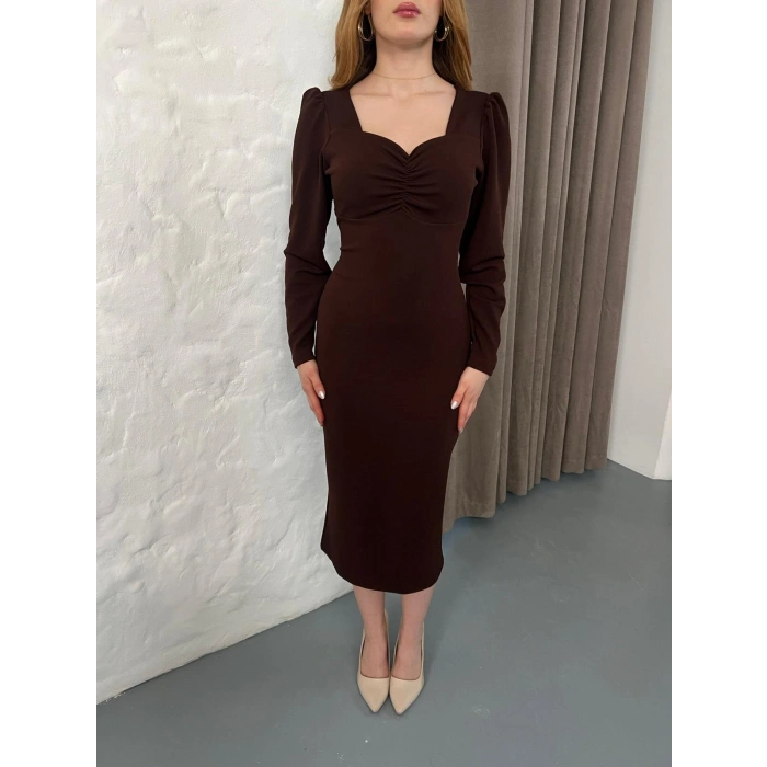 Önü Büzgü Detay Uzun Kol Elbise Acı Kahve