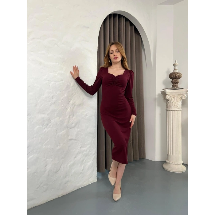 Önü Büzgü Detay Uzun Kol Elbise Bordo