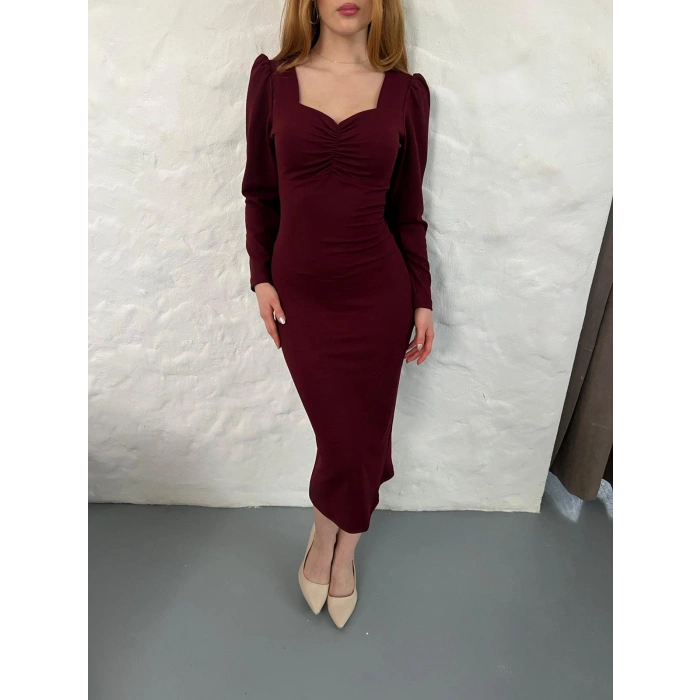 Önü Büzgü Detay Uzun Kol Elbise Bordo