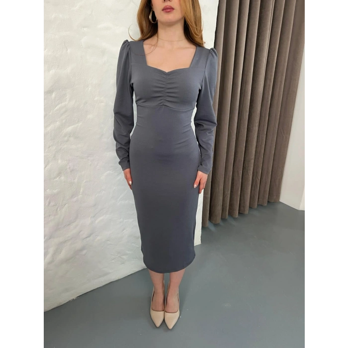 Önü Büzgü Detay Uzun Kol Elbise Gri