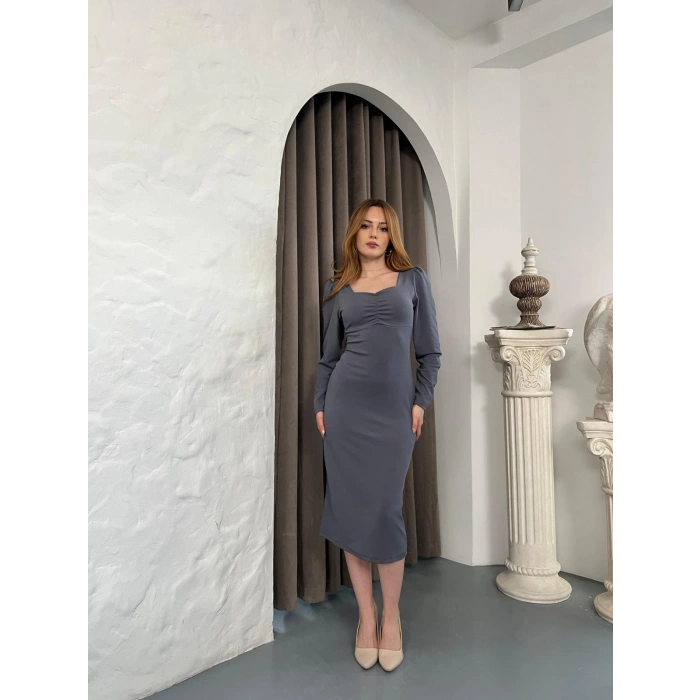 Önü Büzgü Detay Uzun Kol Elbise Gri