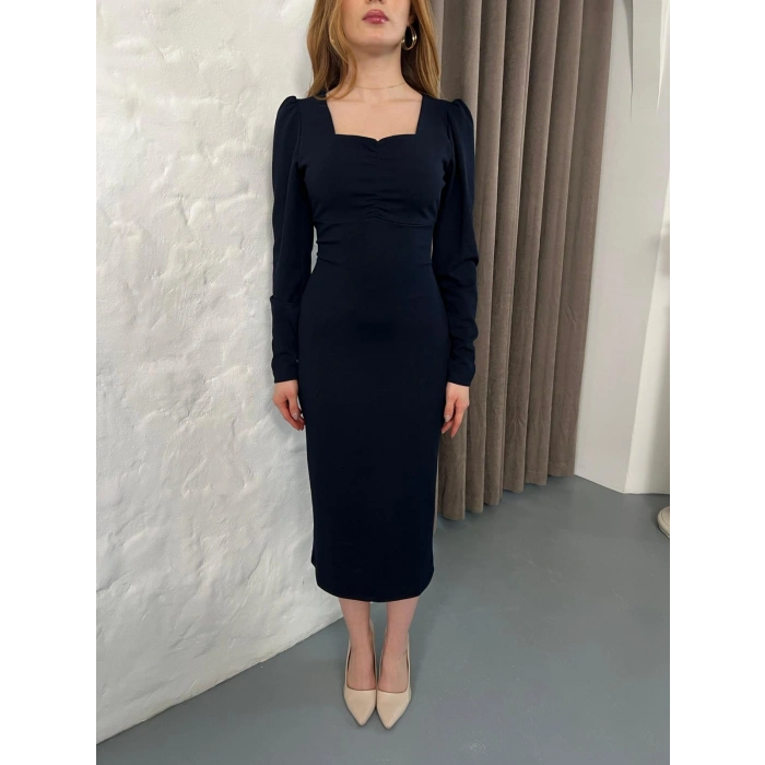 Önü Büzgü Detay Uzun Kol Elbise Lacivert