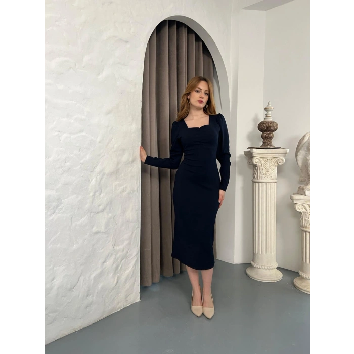 Önü Büzgü Detay Uzun Kol Elbise Lacivert