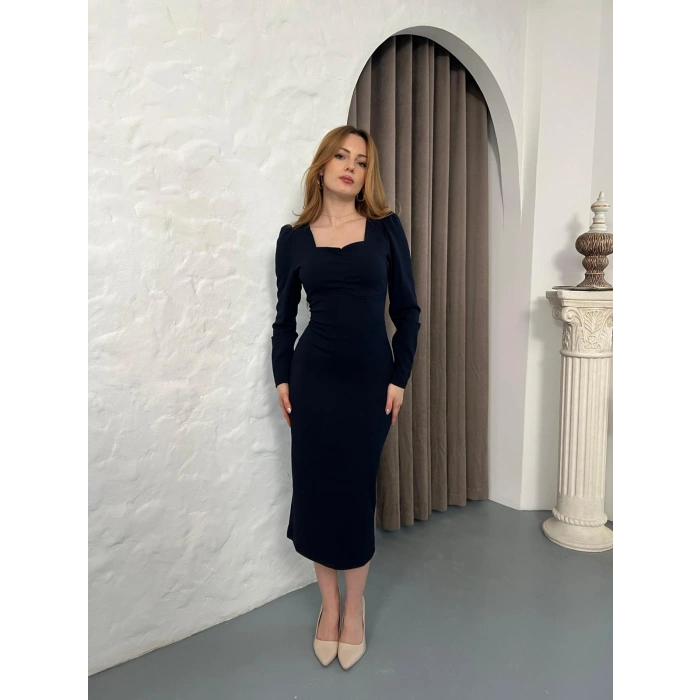 Önü Büzgü Detay Uzun Kol Elbise Lacivert