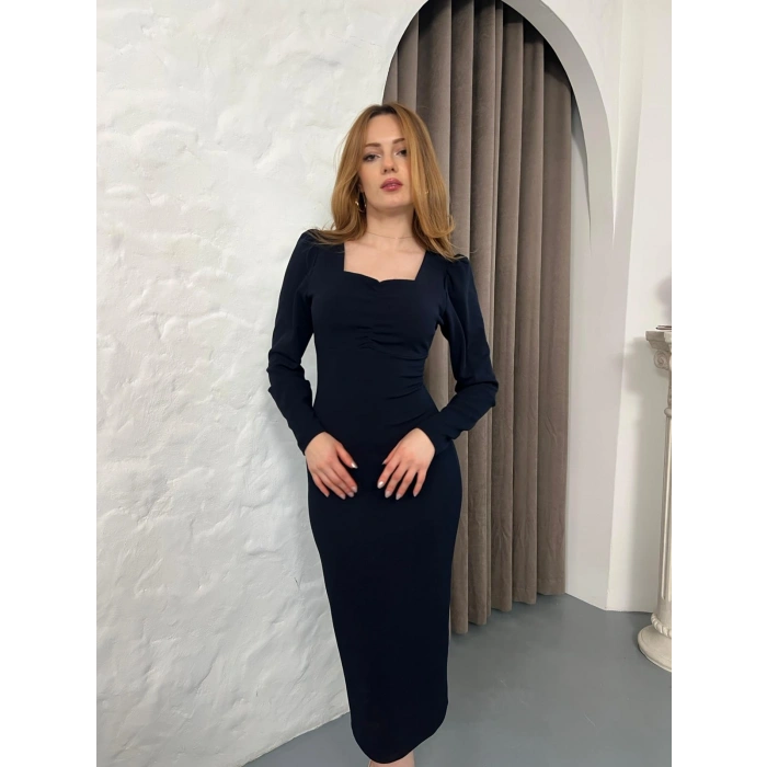 Önü Büzgü Detay Uzun Kol Elbise Lacivert