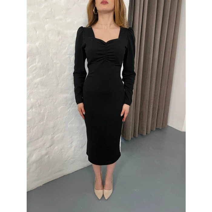 Önü Büzgü Detay Uzun Kol Elbise Siyah