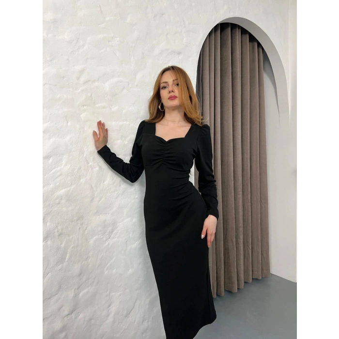 Önü Büzgü Detay Uzun Kol Elbise Siyah