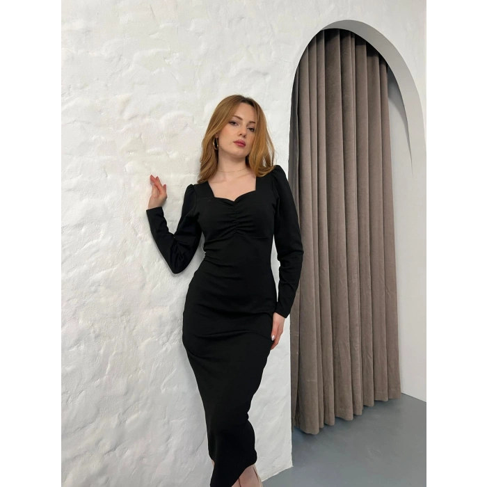 Önü Büzgü Detay Uzun Kol Elbise Siyah