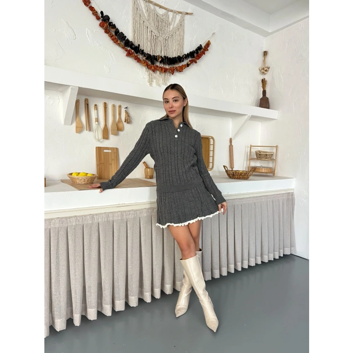 Örme Triko Etekli İkili Set Antrasit