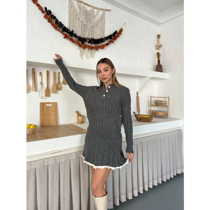 Örme Triko Etekli İkili Set Antrasit