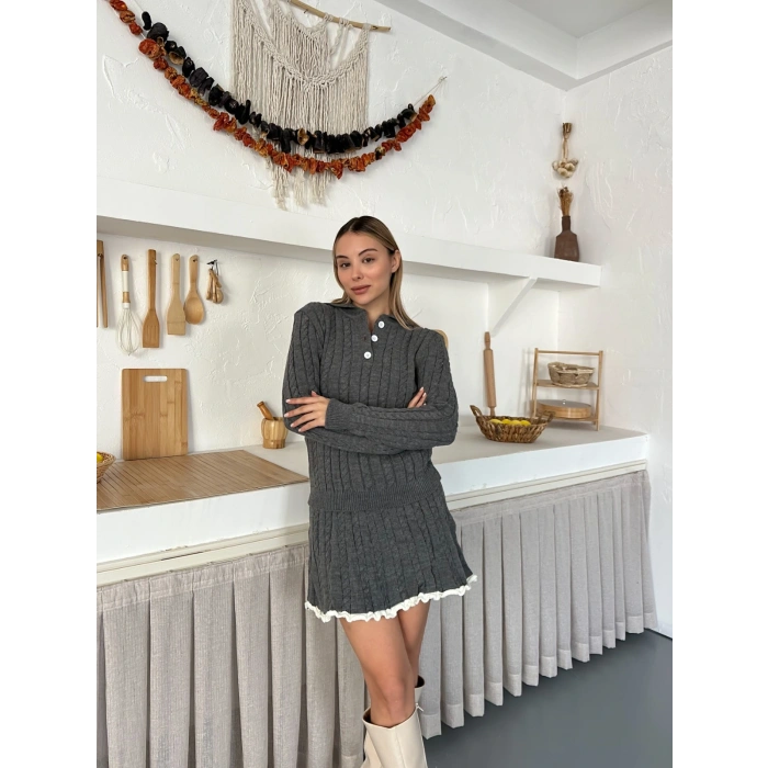 Örme Triko Etekli İkili Set Antrasit