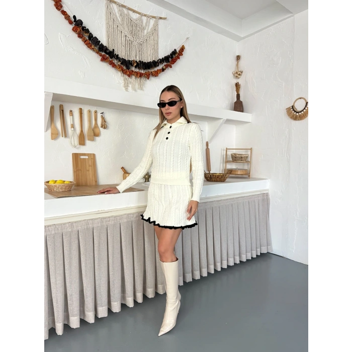 Örme Triko Etekli İkili Set Ekru