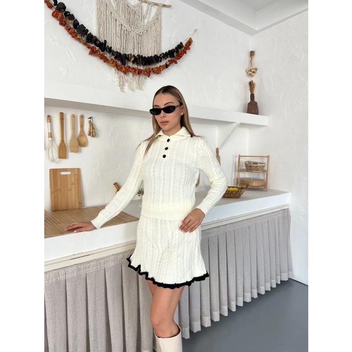 Örme Triko Etekli İkili Set Ekru