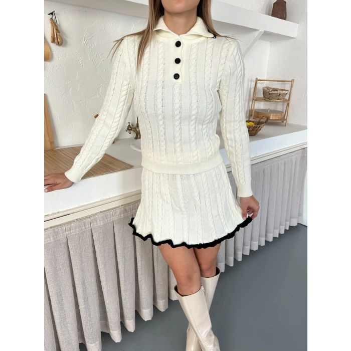 Örme Triko Etekli İkili Set Ekru