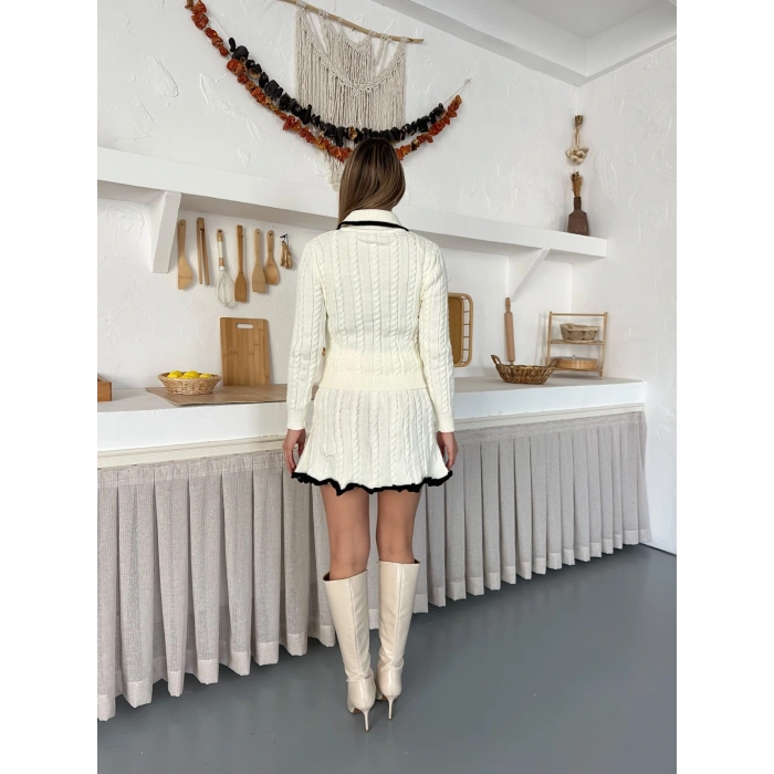 Örme Triko Etekli İkili Set Ekru
