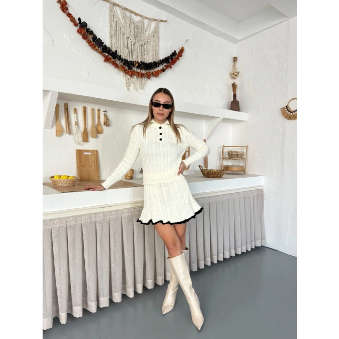 Örme Triko Etekli İkili Set Ekru